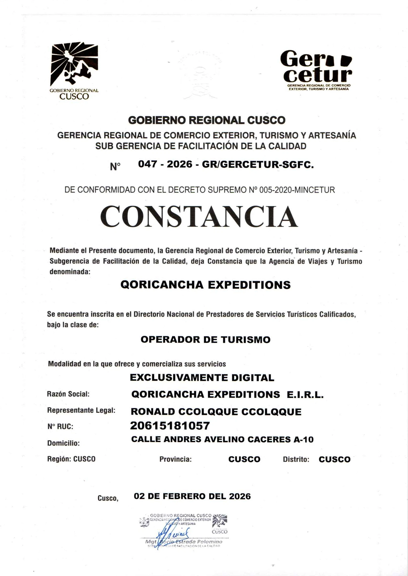 Licencia de GERCETUR otorgado a Qoricancha Expeditions