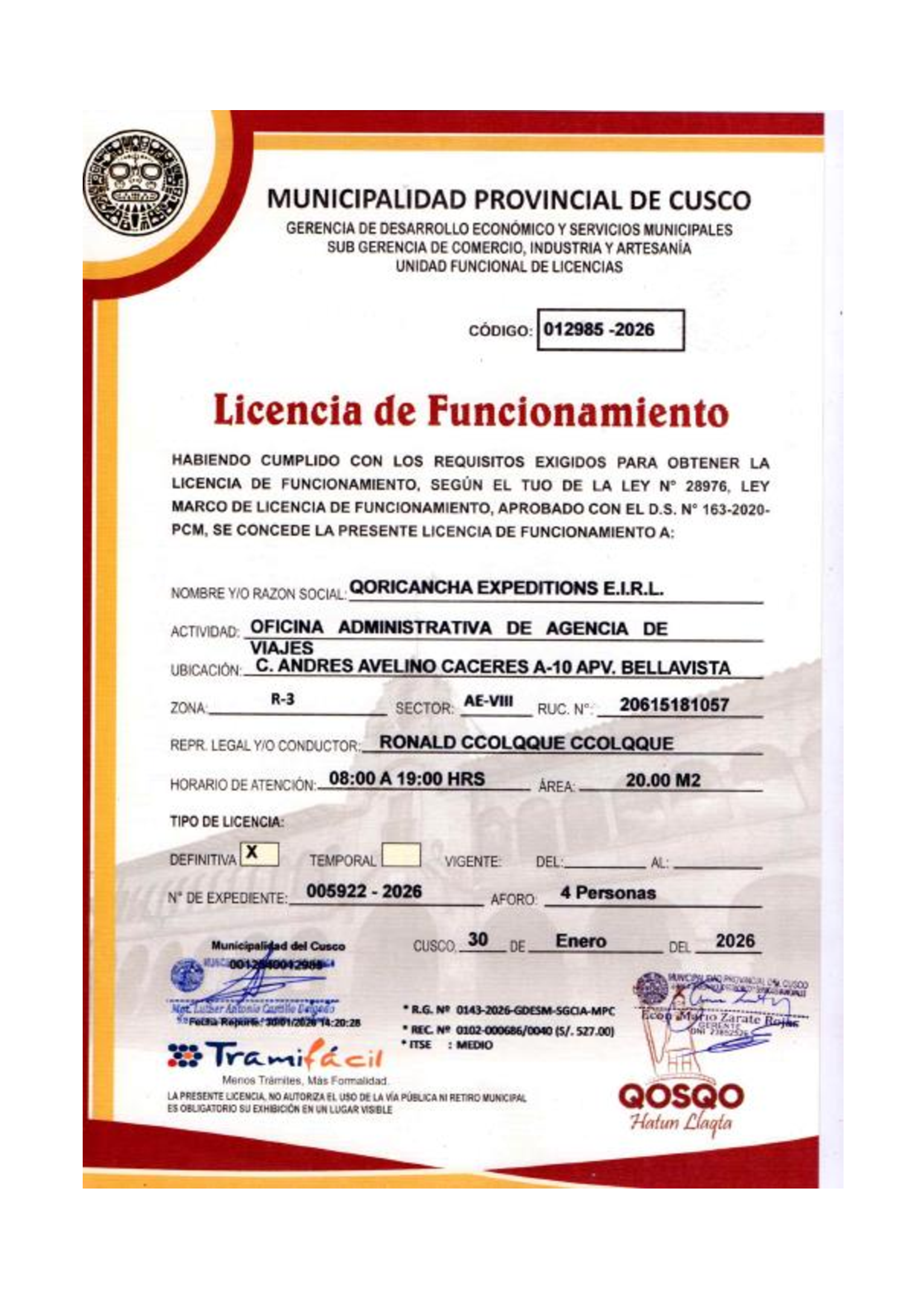 Licencia de la Municipalidad del cusco otorgado a Qoricancha Expeditions