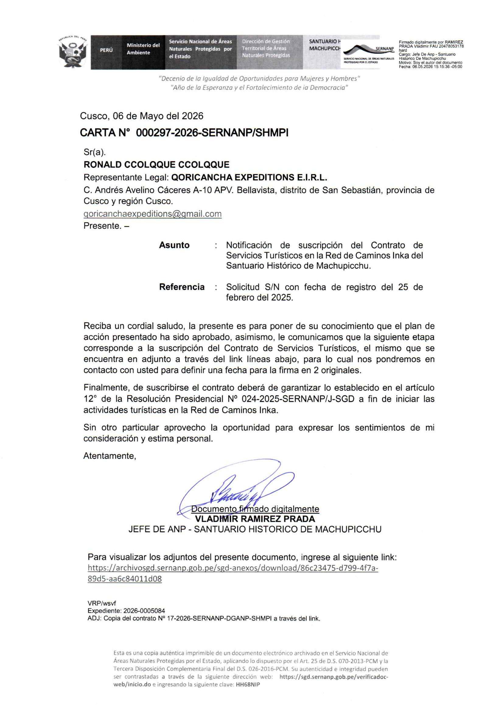 Licencia de SERNANP otorgado a Qoricancha Expeditions