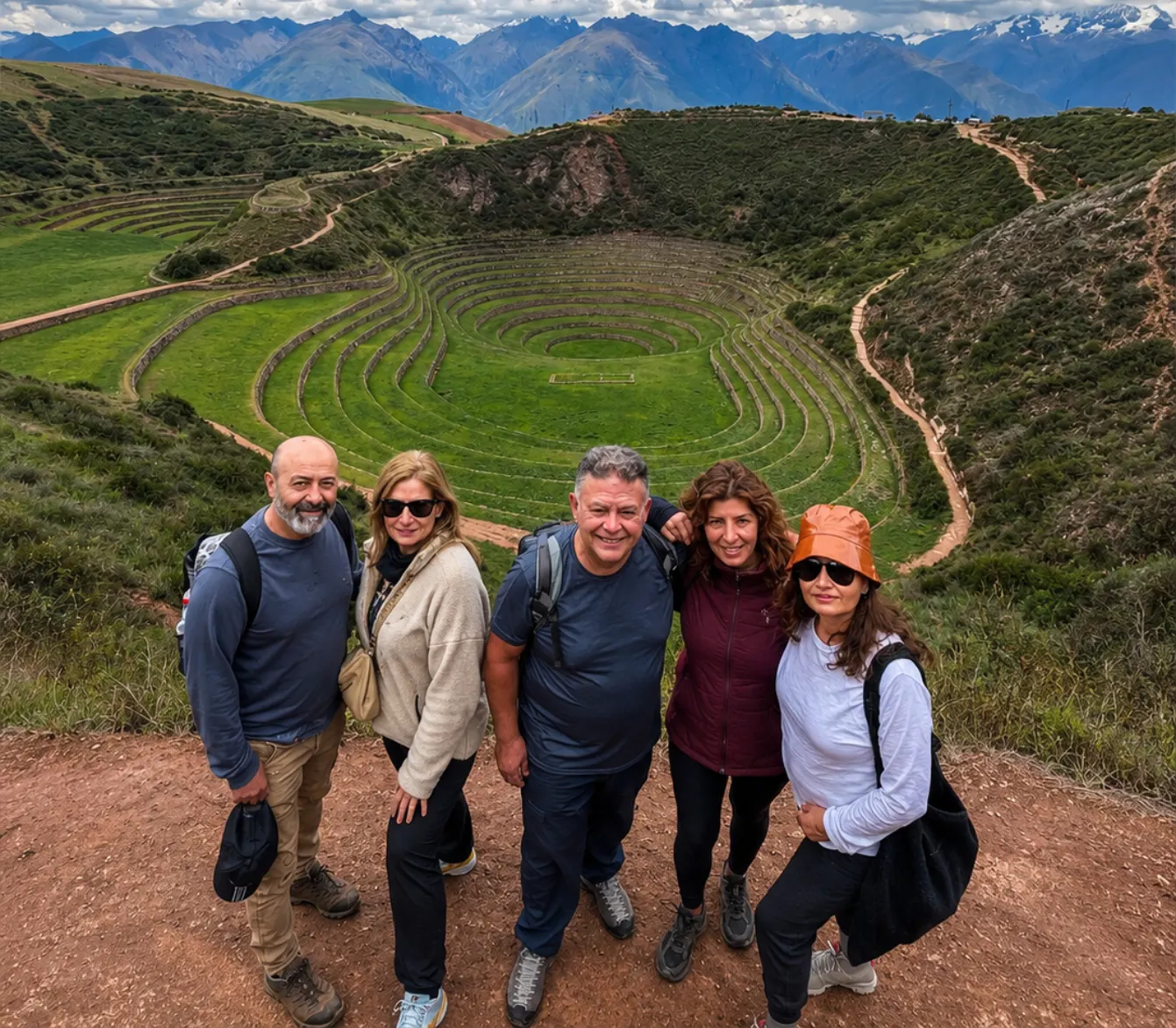 Clients exploring Moray Inca terraces in Cusco Sacred Valley